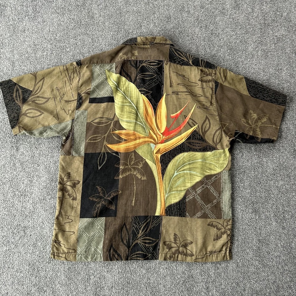 Tommy Bahama Shirt Mens Large Brown Silk Bird Of Paradise Hawaiian Camp Aloha